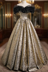 Sparkly Black And Gold Glitter Evening Prom Dress Ball Gown, Off The Shoulder Evening Party Dress