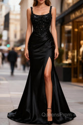 Sparkly Black Floral Spaghetti Straps Mermaid Long Evening Prom Dress with Slit