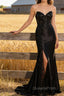 Sparkly Black Mermaid Strapless Corset Appliques Long Prom Dress with Slit