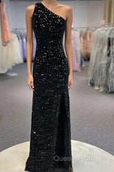 Sparkly Black One Shoulder Side Slit Evening Prom Dress,