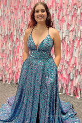 Sparkly Blue A-Line Sequins Long Prom Dress with Pockets