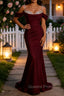 Sparkly Burgundy Mermaid Cold Shoulder Sequined Ruched Satin Long Prom Dress