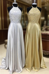 Sparkly Crystal Beaded Halter Long Satin Open Back Evening Prom Dress