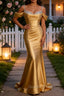 Sparkly Golden Mermaid Cold Shoulder Sequined Ruched Satin Long Prom Dress