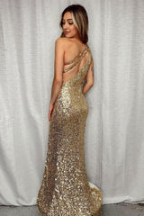 Sparkly Golden One Shoulder Mermaid Sequins Long Prom Dress with Fringes