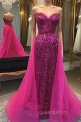 Sparkly Hot Pink Detachable Train Sequins Long Evening Prom Dress