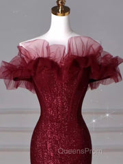 Sparkly Mermaid Burgundy Sequin Long Evening Prom Dress Party Dress