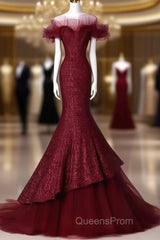 Sparkly Mermaid Burgundy Sequin Long Evening Prom Dress Party Dress