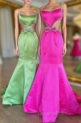 Mermaid Evening Prom Dress Spaghetti Straps Long Evening Dress with Bow