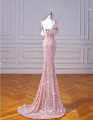 Sparkly Mermaid Straps Pink Tulle Pearls Long Evening Prom Dress