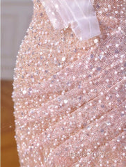 Sparkly Mermaid Straps Pink Tulle Pearls Long Evening Prom Dress