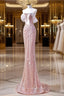 Sparkly Mermaid Straps Pink Tulle Pearls Long Evening Prom Dress