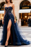 Sparkly Navy Blue Corset Sweetheart Long Evening Prom Dress with Appliques