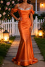 Sparkly Orange Mermaid Cold Shoulder Sequined Ruched Satin Long Prom Dress