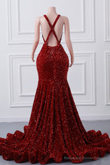 Sparkly Red Sequin Mermaid Prom Dresses Luxury Silver Crystal Beaded Sheer Neck Long Formal Party Evening Gowns for Black Girls