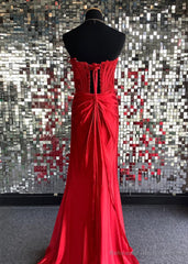 Red Sheath Strapless Corset Satin Prom Dress with Slit