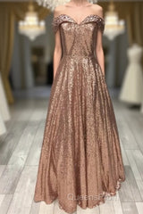 Sparkly Rose Gold Sequin Ball Gown Dress Off Shoulder
