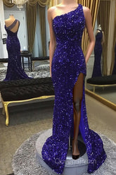 Sparkly Royal Blue Sequins One Shoulder Long Evening Prom