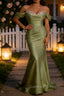 Sparkly Sage Green Mermaid Cold Shoulder Sequined Ruched Satin Long Prom Dress