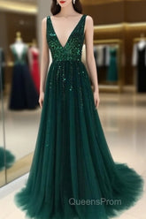Sparkly Sequins Beaded V-Neck Tulle Open Back Evening Dress
