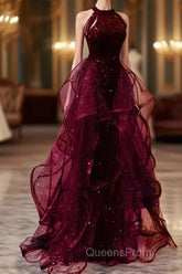 Sparkly Sheath Burgundy Sequin Long Evening Prom Dress Party Dress