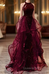 Sparkly Sheath Burgundy Sequin Long Evening Prom Dress Party Dress