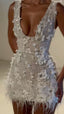 Sparkly Sheath V Neck White Feathers Beaded Wedding Dress Short Bridal Gown Wedding Dress