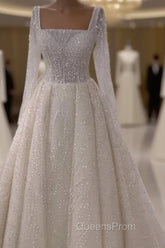 Sparkly Square Neck Long Sleeve Wedding Dress