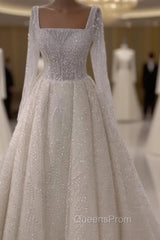 Sparkly Square Neck Long Sleeve Wedding Dress
