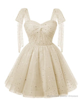 Sparkly Starry Light Champagne Tulle Short Homecoming Dresses Spaghetti Bow Straps Prom Dress Sequin Cocktail Party Dress for Teens