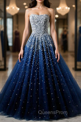 Sparkly Strapless Blue Evening Prom Dress, Strapless Blue Long Formal Evening Dress