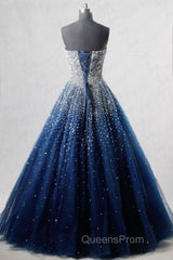Sparkly Strapless Blue Evening Prom Dress, Strapless Blue Long Formal Evening Dress