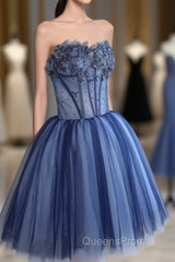 Charming Blue Lace Tule A Lin Short Evening Prom Dress, Homecoming Dress