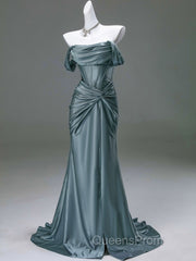 Steel Blue Silk Evening Dress - Corset Back Evening Prom Dress with Off-the-Shoulder Design Plus Size