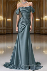 Steel Blue Silk Evening Dress - Corset Back Evening Prom Dress with Off-the-Shoulder Design Plus Size