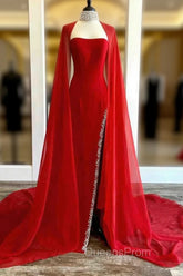 Strapless Beaded Side Slit Red Long Evening Prom Dress With Cape