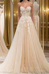 Strapless Champagne Lace Tulle Long Evening Prom Dress, Champagne Lace Formal Evening Dress