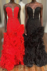 Strapless Cut-Out Back Ruffle Layers Mermaid Evening Prom Dress