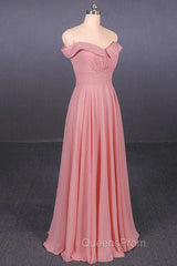 Strapless Floor Length Chiffon Pink Evening Prom Simple A Line Bridesmaid Dress