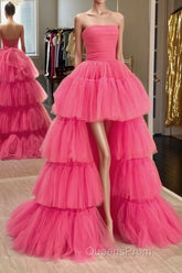 Strapless Hot Pink High Low Evening Prom Dress, Hot Pink High Low Formal Homecoming Dress