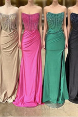 Strapless Mermaid Beaded Long Evening Prom Dress With Slit