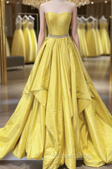 Strapless Open Back Fluffy Yellow Satin Long Evening Prom Dress, Layered Yellow Formal Evening Dress