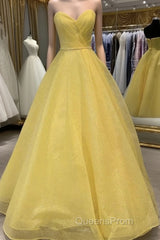 Strapless Open Back Sequins Yellow Evening Prom Dress, Shiny Yellow Formal Graduation Evening Dress