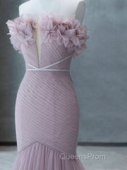 Strapless Pink Chiffon Creased Evening Dress Floor Length Mermaid Evening Prom Dress With Sweep