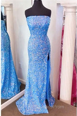 Strapless Pink Sequins Evening Prom Dress with Slit
