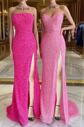 Strapless Pink Sequins Evening Prom Dress with Slit,Sparkly White Night Dress Party Event