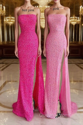Strapless Pink Sequins Evening Prom Dress with Slit