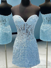 Strapless Short Blue Lace Prom Dresses, Short Blue Lace Formal Homecoming Dresses