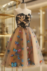 Strapless Short Champagne Floral Evening Prom Dress, 3D Floral Short Champagne Formal Graduation Dress