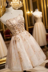 Strapless Short Champagne Party Dress Homecoming Dress With Sequins